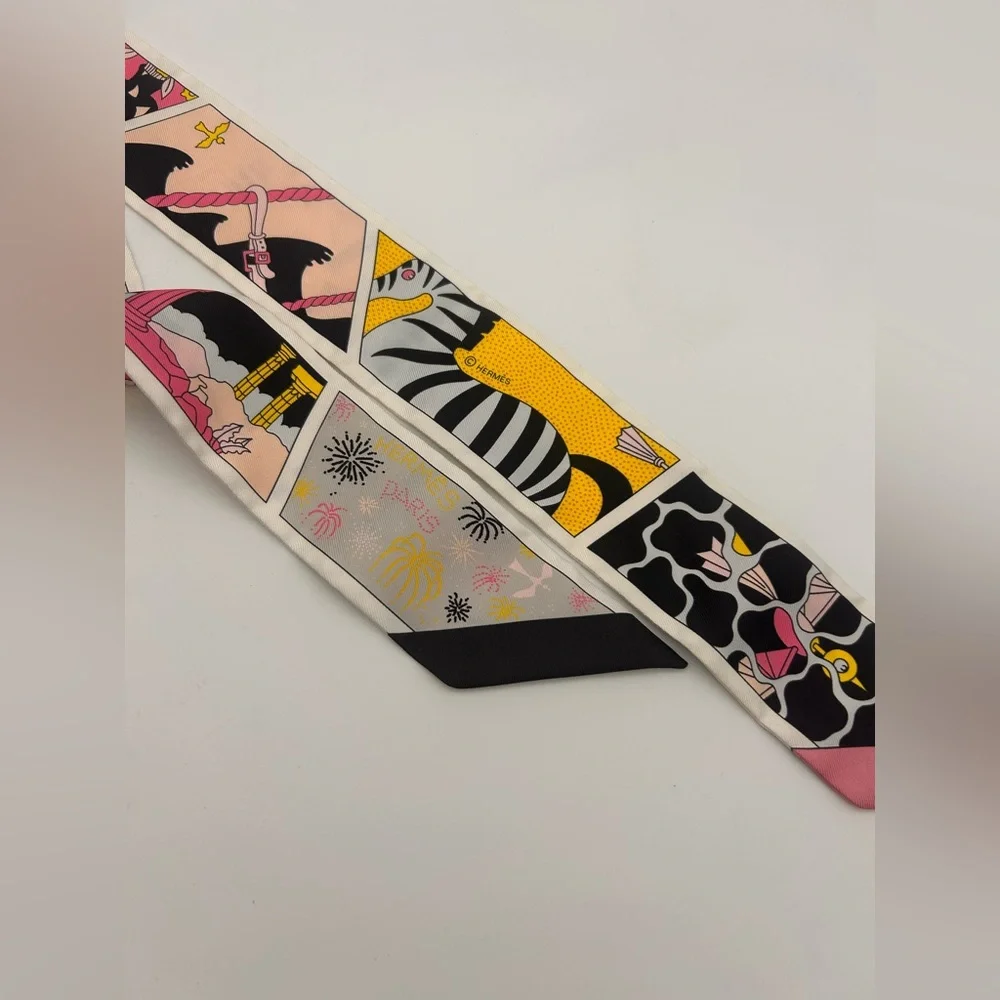 Hermes Pink Black Yellow Multicolor Twilly Scarf - Picture 3 of 7